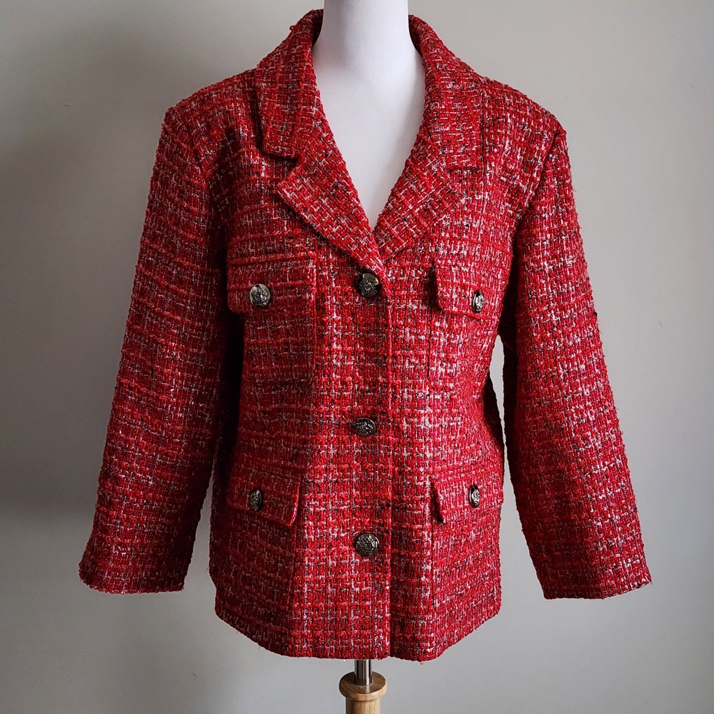 Joan Rivers Tweed Blazer Jacket Women 2X Red Textured Festive Holidays Christmas